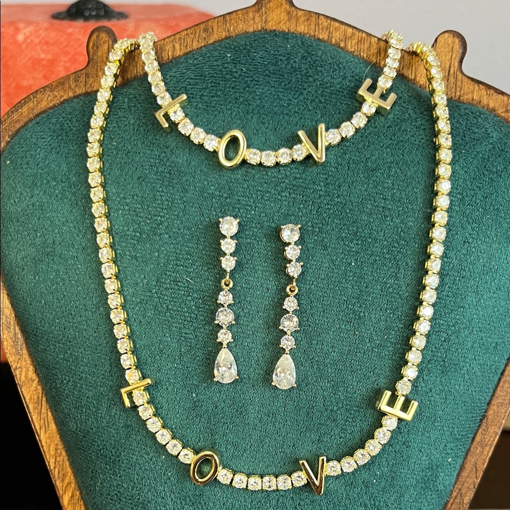 Gold Sparkling CZ LOVE Necklace & Bracelet (adj) with Lovely Drop Earring Set